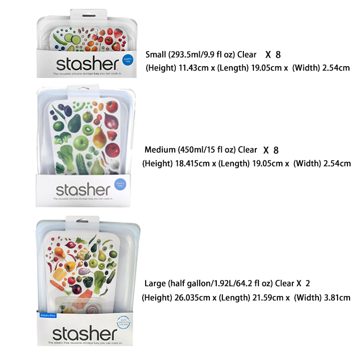 Stasher Silicone Reusable Space-Efficient Storage Bag (Clear) - Family Set (for Family Size of 3-4 Members)